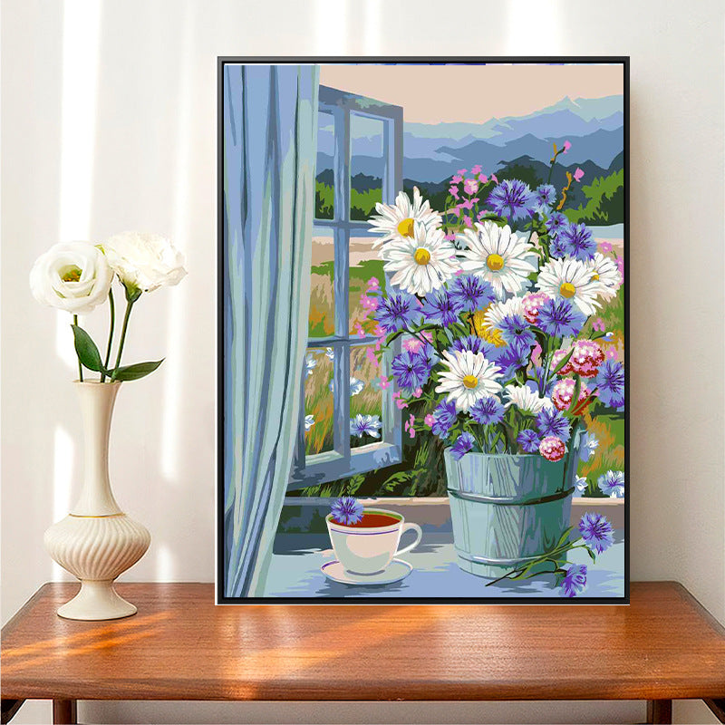 Elegant Floral Digital Painting by Numbers - Features Delicate Daisies in a Landscape, DIY Hand-Painted Masterpiece to Brighten Your Home Decor-ALB