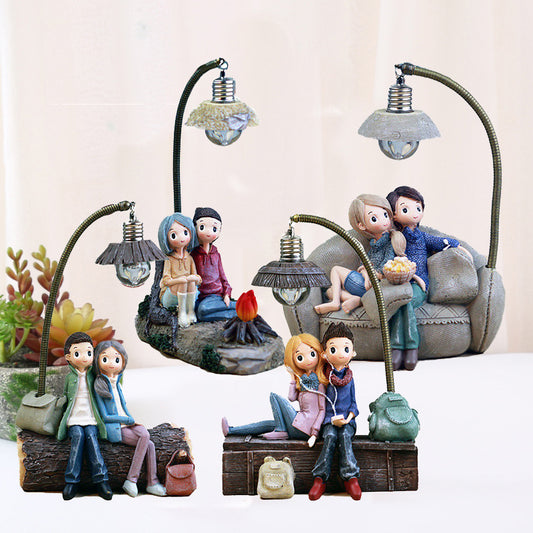 Resin Couple Night Light with Sofa Design - Handmade Mini Table Lamp for Bedside, Warm White LED for Bedroom and Home Decor