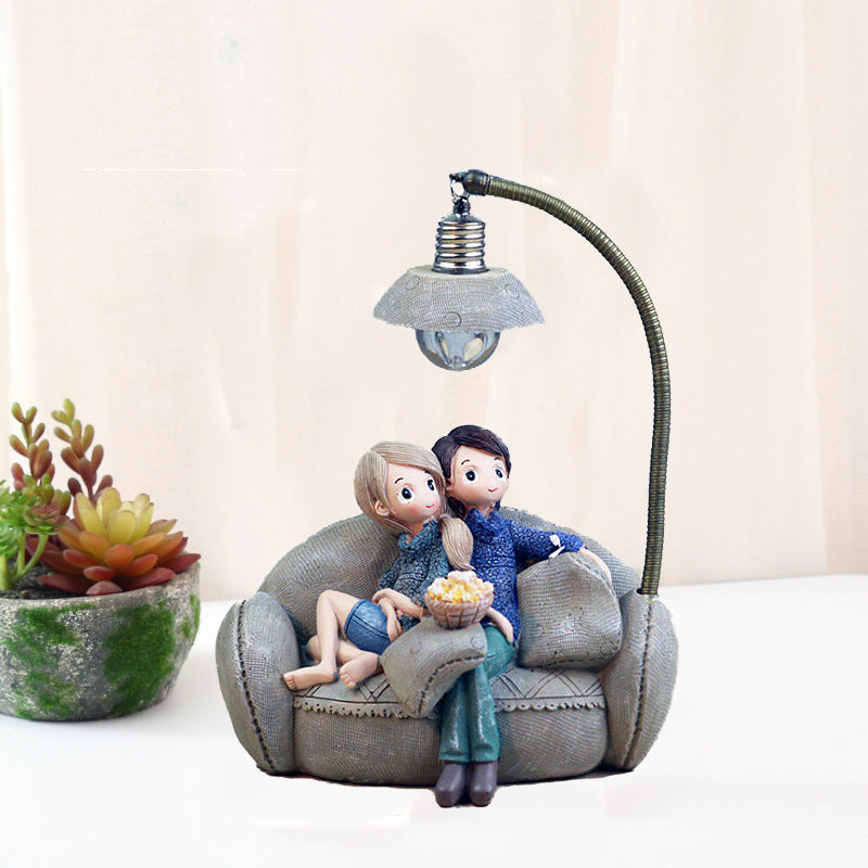 Resin Couple Night Light with Sofa Design - Handmade Mini Table Lamp for Bedside, Warm White LED for Bedroom and Home Decor