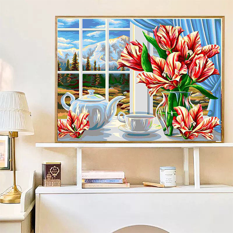 Elegant Floral Digital Painting by Numbers - Features Delicate Daisies in a Landscape, DIY Hand-Painted Masterpiece to Brighten Your Home Decor-ALB