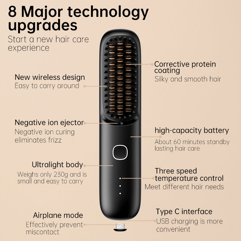 Cordless Straightening Brush with Negative Ions - Salon-Quality Shine, Anti-Scald Design for Home & Travel-ALB