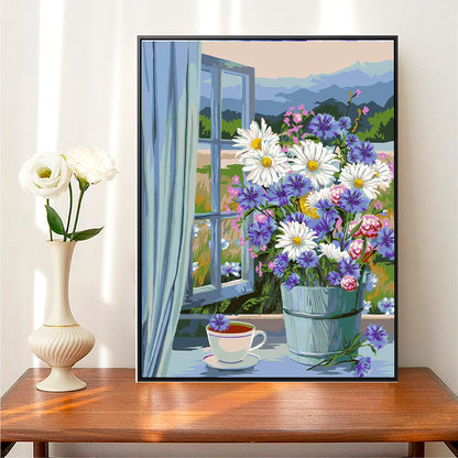 Elegant Floral Digital Painting by Numbers - Features Delicate Daisies in a Landscape, DIY Hand-Painted Masterpiece to Brighten Your Home Decor-ALB